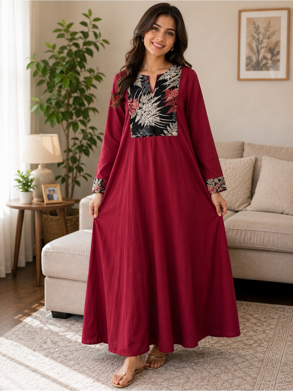 Galabiya. Women's Burgundy Maxi Dress with Contrast Floral Yoke